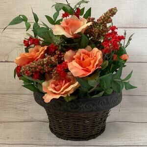 Faux Floral Arrangement Basket Wall Hanging Planter Rose Flower and Berries 15"H